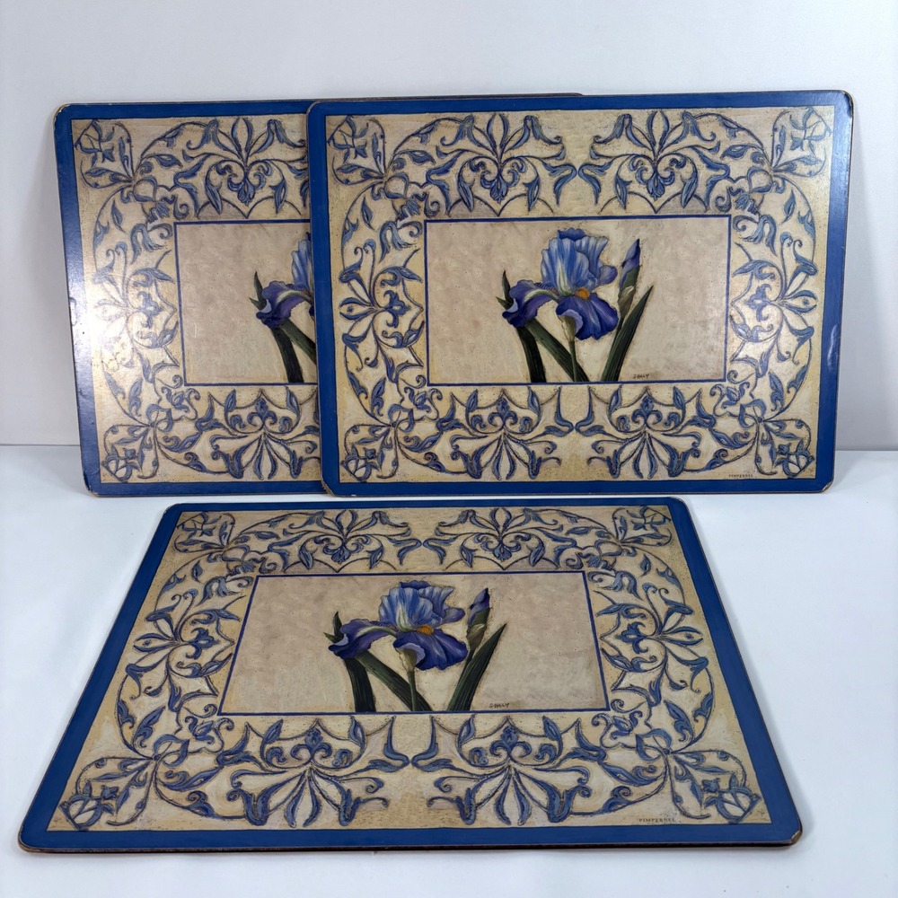 Pimpernel Placemats Blue Iris Floral Set of 3 Cork Backed S Hely Design